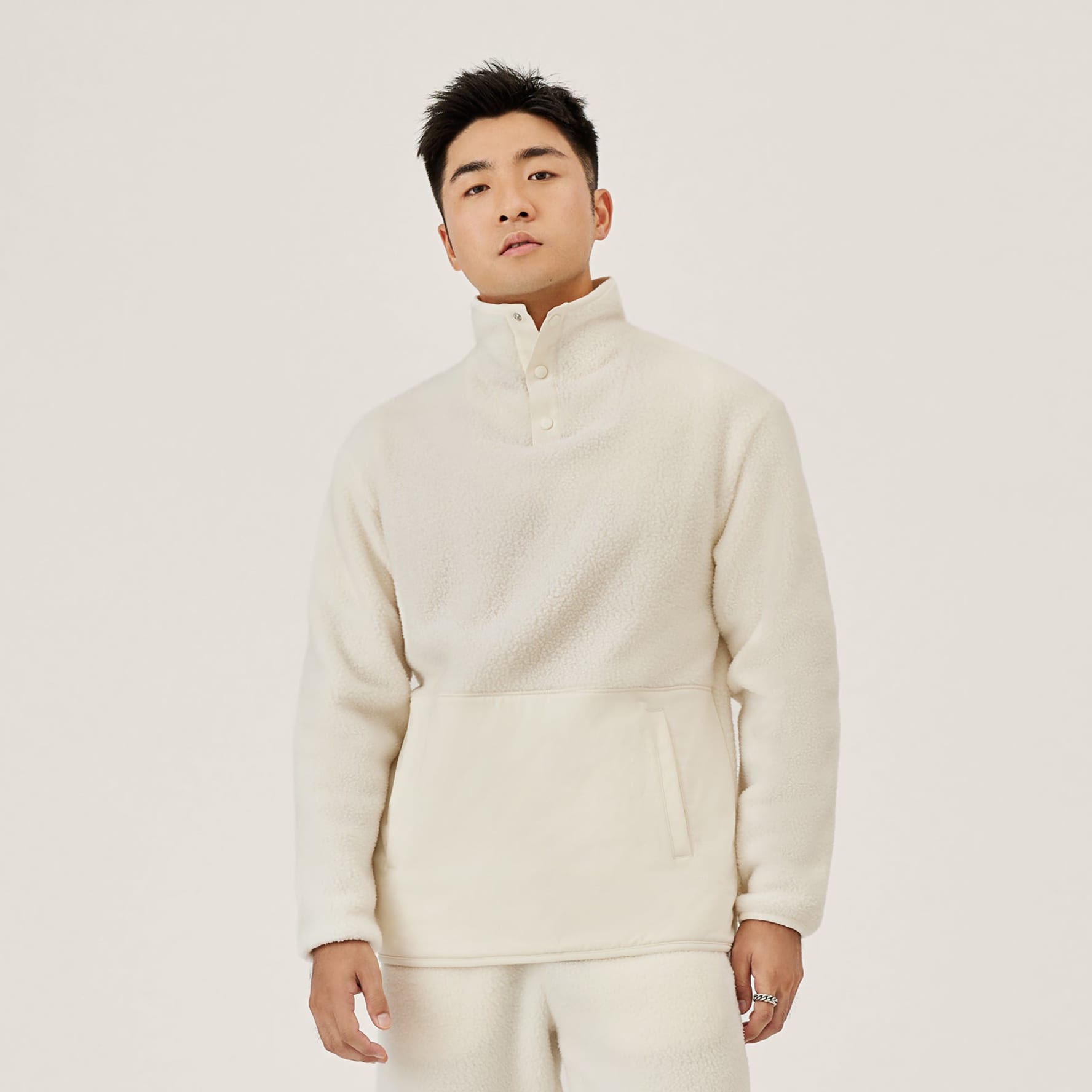 Men's Fluff Fleece Pullover - Natural White Merino Wool Button-Up