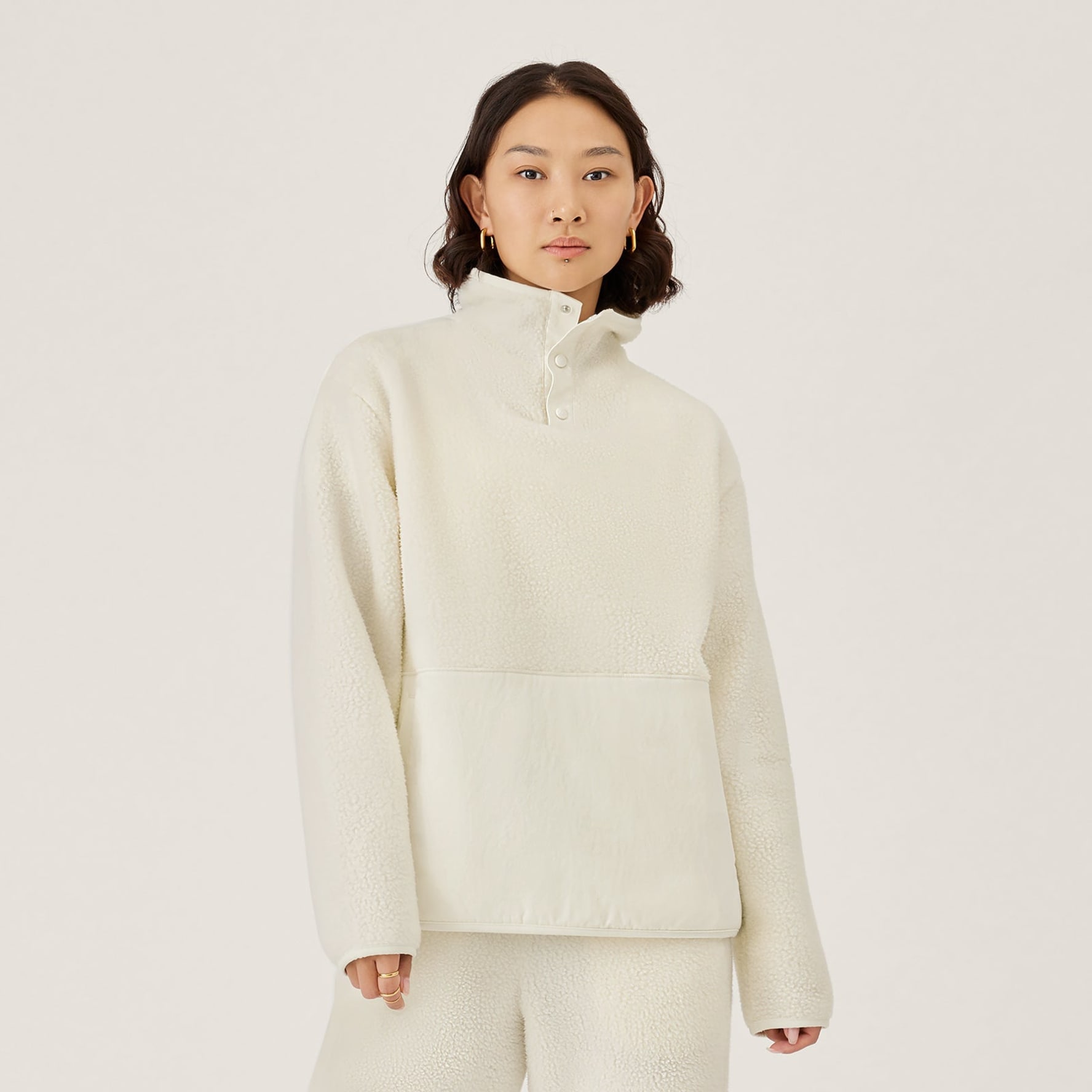 Women's Fluff Fleece Pullover - Natural White Merino Wool Button